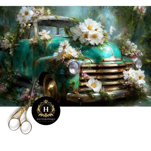 Rustic Turquoise Floral Truck Decoupage 薄葉紙