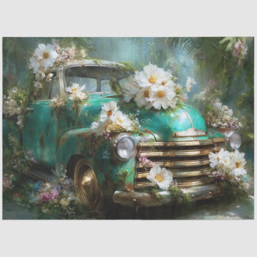 Rustic Turquoise Floral Truck Decoupage 薄葉紙 (正面)