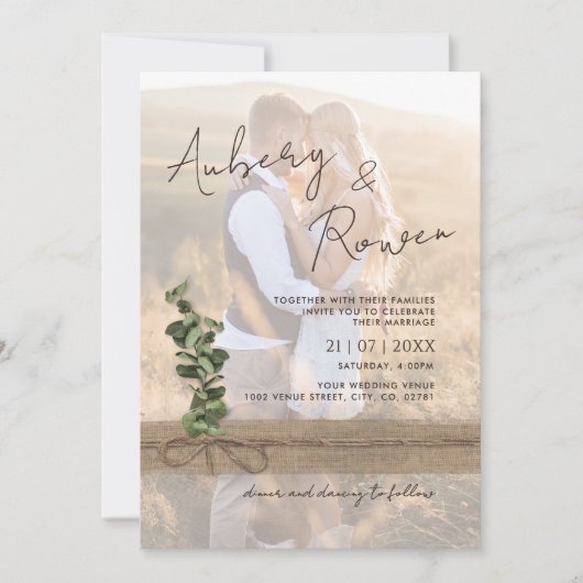 Rustic Twine Burlap Eucalyptus Boho Photo Wedding 招待状 (正面)