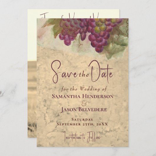 Rustic Vineyard Watercolor Photo Save the Date (正面/裏面)