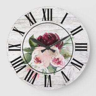 Rustic Vintage Barn Wood Burgundy Pink Floral ラージ壁時計