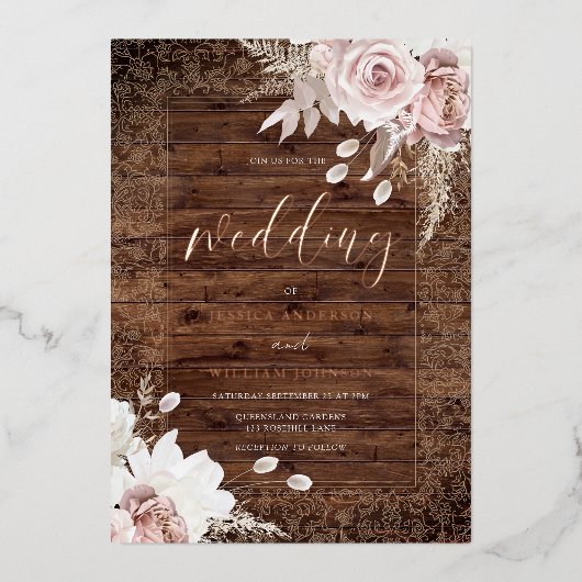 Rustic Vintage Blush Floral Wedding 箔招待状 (正面)