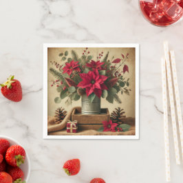 Rustic Vintage Christmas Poinsettia Decoupage スタンダードカクテルナプキン