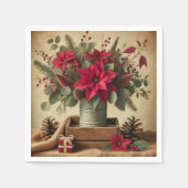 Rustic Vintage Christmas Poinsettia Decoupage スタンダードカクテルナプキン (正面)