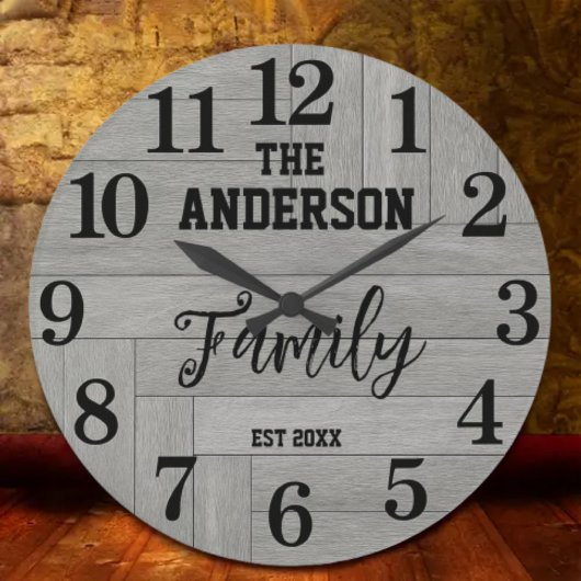 Rustic Vintage Gray Barn Wood Family name ラージ壁時計