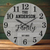 Rustic Vintage Gray Barn Wood Family name ラージ壁時計