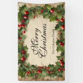 Rustic Vintage Holly and Berries Merry Christmas  横断幕 (縦)