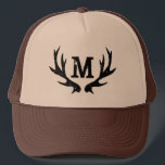 Rustic vintage hunting deer antlers trucker hat キャップ<br><div class="desc">Rustic vintage hunting deer antlers trucker hat. Tan brown design with personalized monogram. Masculine birthday gift idea for manly men. Create your own for dad,  father,  uncle,  husband,  grandpa,  brother,  son,  boy etc. Hunter theme graphics. Faded look.</div>