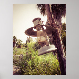Rustic Vintage Lantern Hanging Outdoors in Nature ポスター