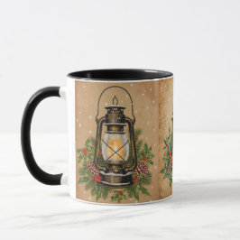 Rustic vintage lantern holly pine cozy festive マグカップ