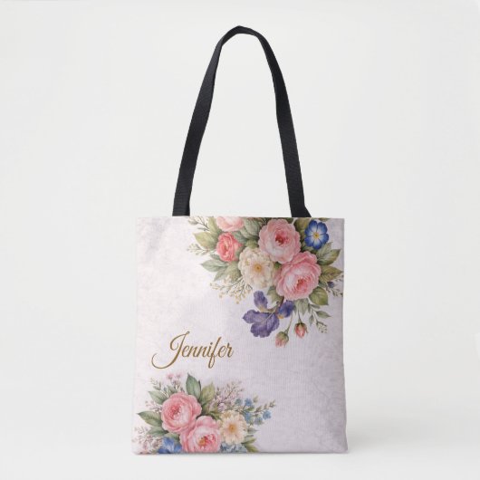 Rustic Vintage Personalized Floral Rose Design     トートバッグ (正面)