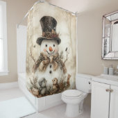 Rustic Vintage Snowman Birds Winter Scene |  シャワーカーテン (インサイチュ)