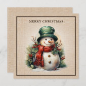 Rustic Vintage Snowman Holly Berries Burlap シーズンカード (正面/裏面)
