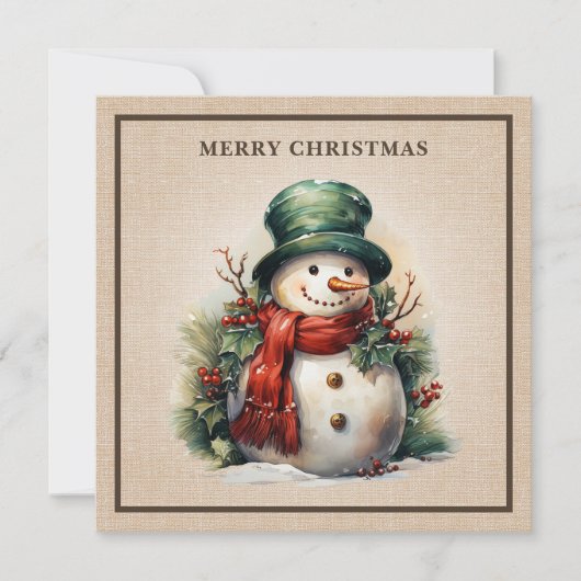 Rustic Vintage Snowman Holly Berries Burlap シーズンカード (正面)