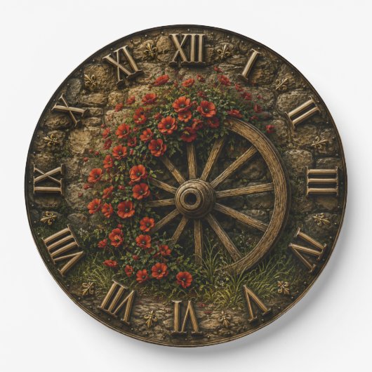 Rustic Wagon Wheel Poppy Flower ペーパープレート (正面)