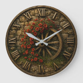 Rustic Wagon Wheel Poppy Flower ラージ壁時計 (正面)