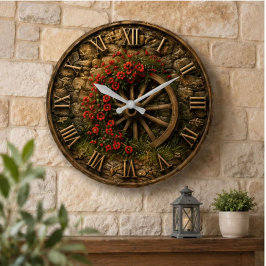 Rustic Wagon Wheel Poppy Flower ラージ壁時計