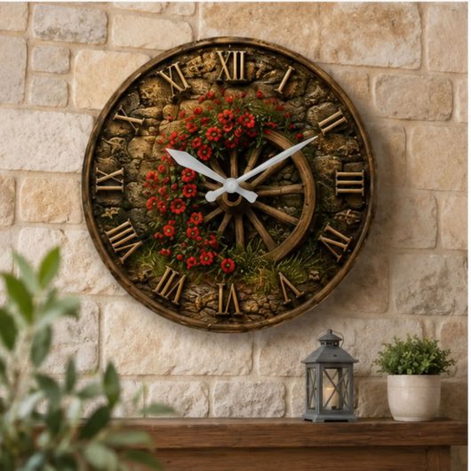 Rustic Wagon Wheel Poppy Flower ラージ壁時計