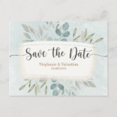 Rustic Watercolor ダスティブルー Save the Date 案内ポストカード (正面)