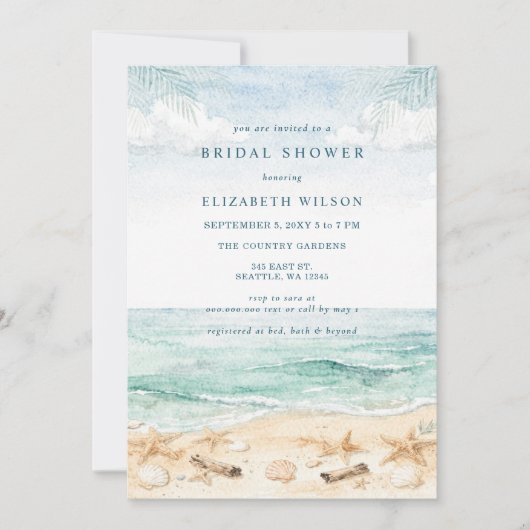 Rustic Watercolor Beach Bridal Shower 招待状 (正面)