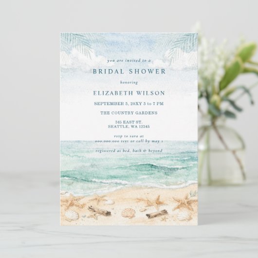 Rustic Watercolor Beach Bridal Shower 招待状 (スタンド正面)