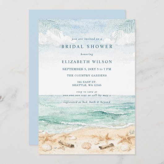 Rustic Watercolor Beach Bridal Shower 招待状 (正面/裏面)