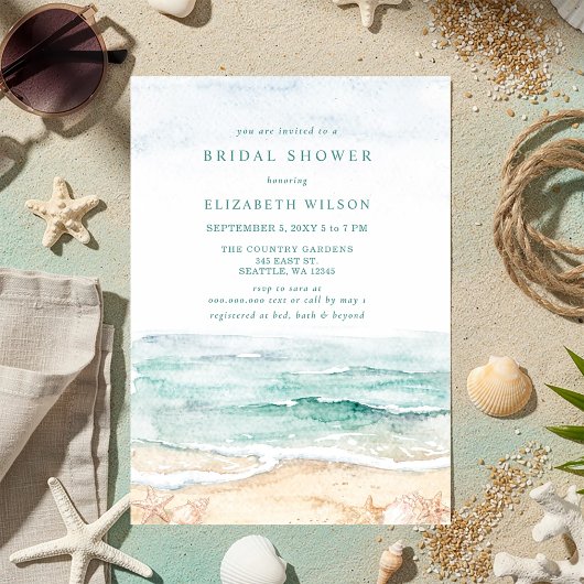 Rustic Watercolor Beach Bridal Shower 招待状