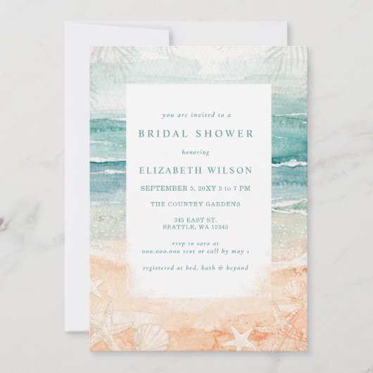 Rustic Watercolor Beach Bridal Shower 招待状 (正面)