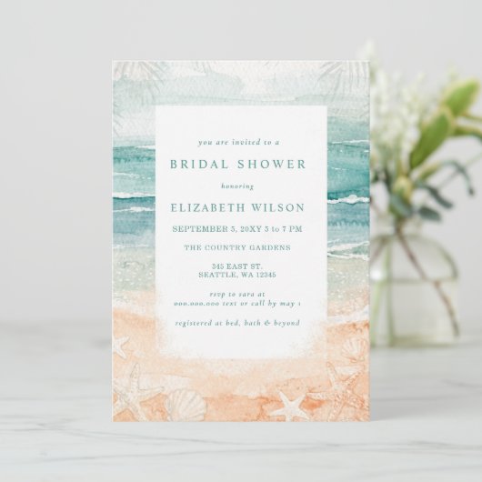 Rustic Watercolor Beach Bridal Shower 招待状 (スタンド正面)