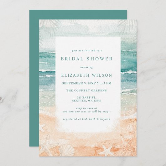 Rustic Watercolor Beach Bridal Shower 招待状 (正面/裏面)
