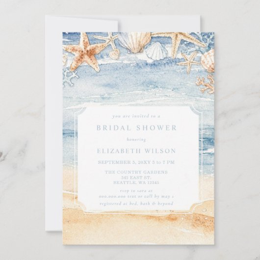 Rustic Watercolor Beach Bridal Shower 招待状 (正面)