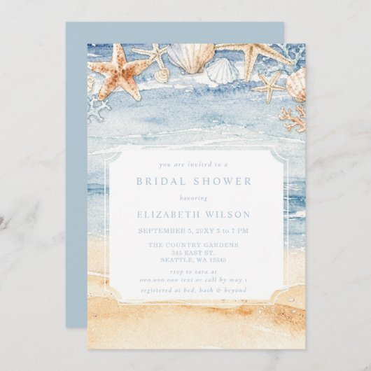 Rustic Watercolor Beach Bridal Shower 招待状 (正面/裏面)