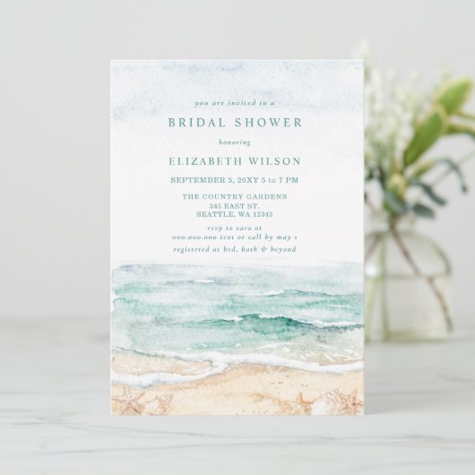 Rustic Watercolor Beach Bridal Shower 招待状 (スタンド正面)