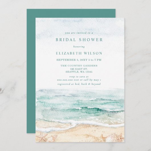 Rustic Watercolor Beach Bridal Shower 招待状 (正面/裏面)