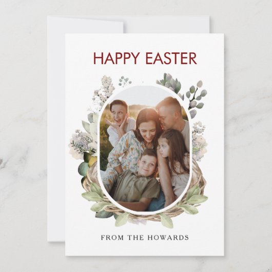 Rustic Watercolor Bird Nest Family Photo Easter シーズンカード (正面)