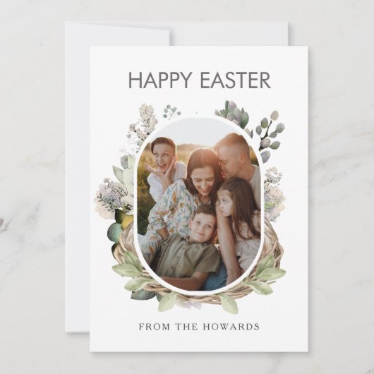 Rustic Watercolor Bird Nest Family Photo Easter シーズンカード (正面)