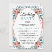 Rustic Watercolor Blue Floral 50th Birthday Party 招待状 (正面)