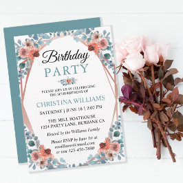 Rustic Watercolor Blue Floral 50th Birthday Party 招待状