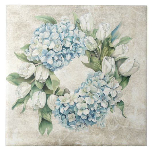 Rustic Watercolor Blue Hydrangea Tulips Wreath タイル (正面)