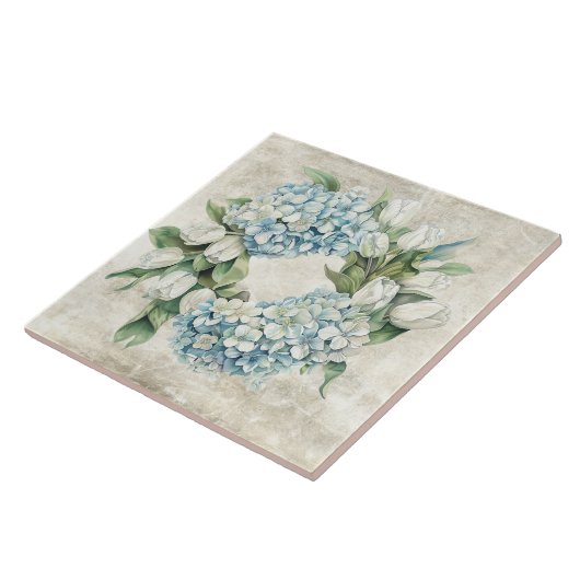 Rustic Watercolor Blue Hydrangea Tulips Wreath タイル (側面)