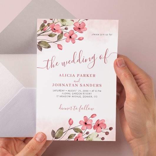Rustic watercolor blush pink floral wedding 招待状