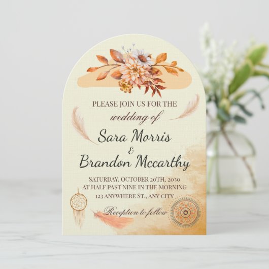 Rustic Watercolor Bohemian Wedding Card 招待状 (スタンド正面)