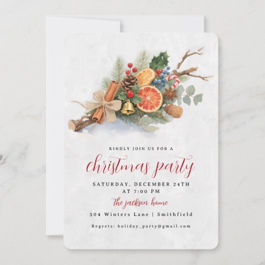 Rustic Watercolor Christmas Botanical Arrangement  招待状 (正面)