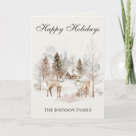 Rustic Watercolor Deer Winter Forest Christmas カード