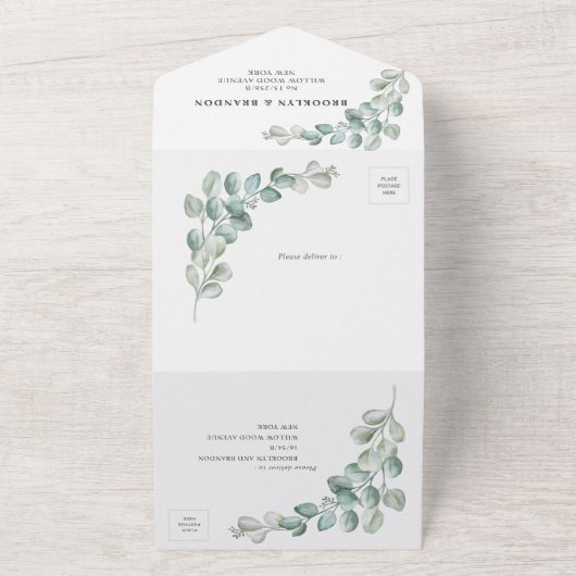 Rustic Watercolor Eucalyptus Greenery Wedding オールインワン招待状 (外側)