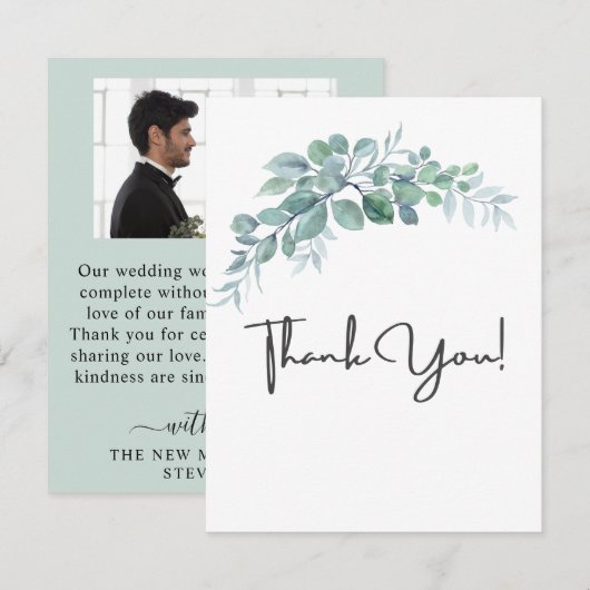 Rustic Watercolor Eucalyptus Greenery Wedding サンキューカード (正面/裏面)