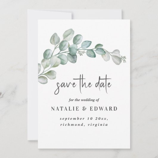 Rustic Watercolor Eucalyptus Greenery Wedding セーブザデート (正面)
