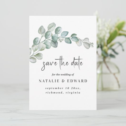 Rustic Watercolor Eucalyptus Greenery Wedding セーブザデート (スタンド正面)