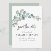 Rustic Watercolor Eucalyptus Greenery Wedding セーブザデート (正面/裏面)