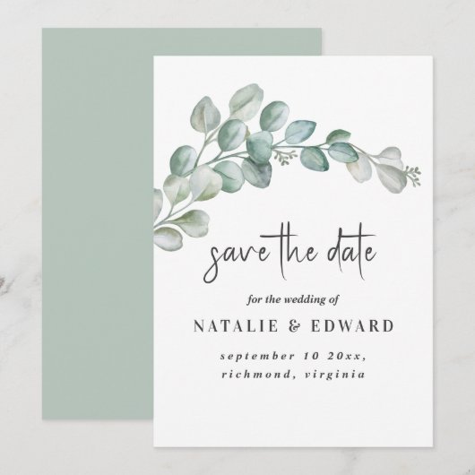 Rustic Watercolor Eucalyptus Greenery Wedding セーブザデート (正面/裏面)